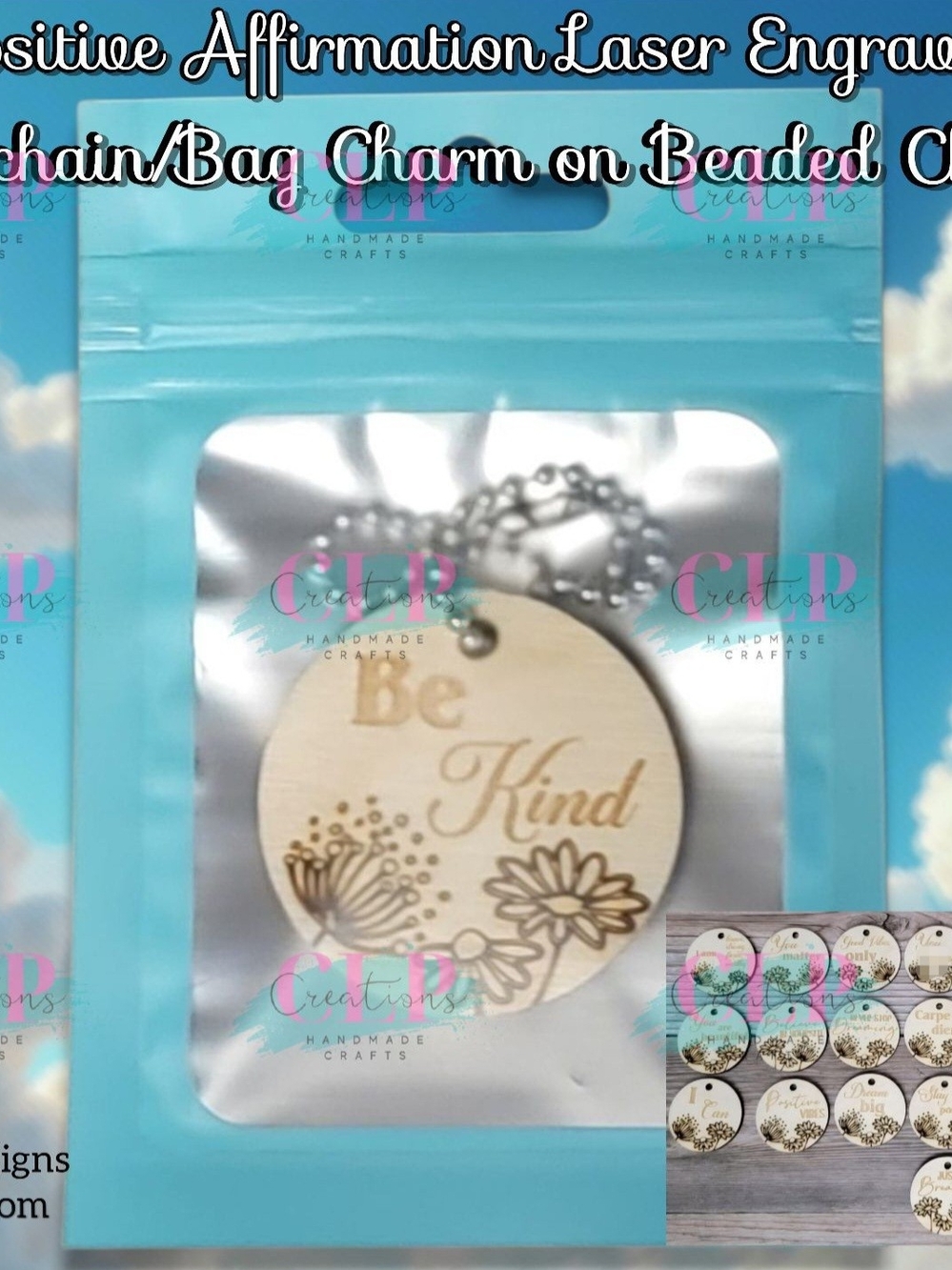 Laser Engraved Positive Affirmation Wood Keychains w/ Bead Chains in Mylar Bags